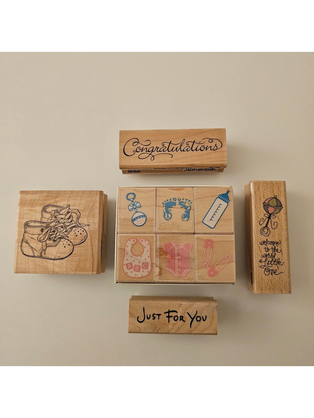 Lot of 10 Rubber Mounted on Wood Stamps Baby New Born Infant Baby Shower